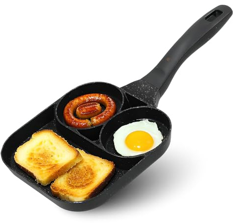 Tissting 3 in 1 Non Stick Frying Pan for Gas and Induction Hobs 30cm/11.8in - Multi Section Breakfast Pan with Comfortable Handle Cook Eggs Sausage and Bacon Simultaneously