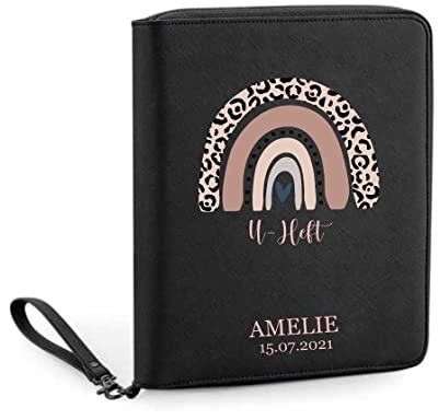 Organizer mit Namen personalisiert | Motiv Regenbogen Rosé Leo Optik | Familienorganizer Mutterpasshülle Dokumententasche U-Heft Unterlagen Impfpass (schwarz)