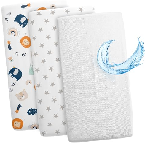Sábanas Ajustables para Cochecito de bebé Juego de 3: 55x90 cm - 2 sábanas + 1 Protector de colchón Impermeable - Accesorios para Cuna de bebé y minicuna 55 x 90