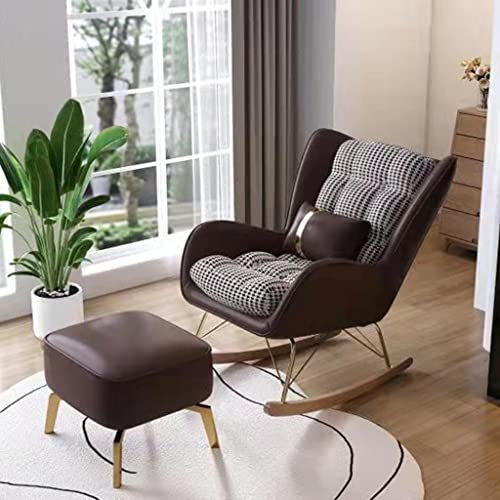 Massivholz-Schaukelstuhl, Liegestuhl, fauler Rückenlehnenstuhl, bequemer Kinderzimmer-Schaukelsessel, solide Hartholzbasis, moderner Mid-Century-Schaukelstuhl aus Stoff (Farbe: Dunkelbr