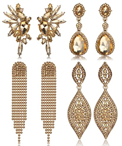 Kakonia 4 Pairs Clip On Earrings For Women Girls Elegant Statement Silver Crystal Rhinestone Dangle Earrings Wedding Prom For Bride Bridesmaid Non Pierced Clip Earrings Set