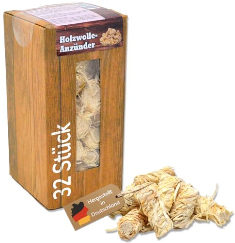Landree Holzwolle Anzünder 32 STK, Kaminanzünder aus Naturholz & Wachs, paraffinfreie Anzündwolle für Kamin, Ofen, Feuerschale, Grillanzünder, 8+ Min Brenndauer, geruchsneutral, 450 g