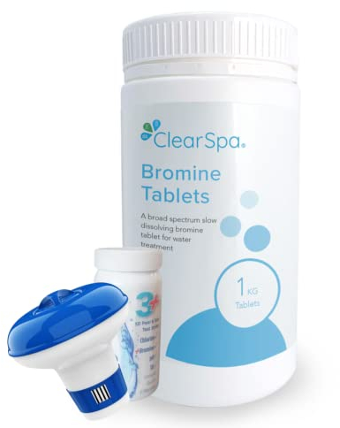 ClearSpa Hot Tub Bromine Tablets 1kg, Floating Dispenser & Test Strips - Slow release, Hot Tub, Spa and Swimming Pool Water Treatment