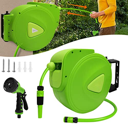 JOIEYOU Schlauchtrommel, Automatische Schlauchaufroller, Schlauchaufroller Gartenschlauch Wand-Schlauchbox mit Arretierstop inkl. Handbrause und Anschlüssen, 20m+2m, Grün