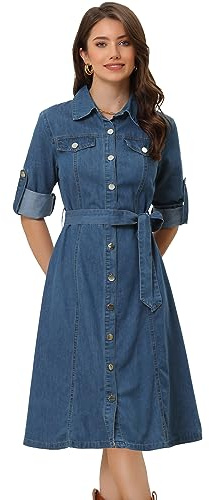 Allegra K Abito Camicia in Denim da Donna Abbottonato Manica Lunga con Cintura Classico Abito in Jeans Blu XL