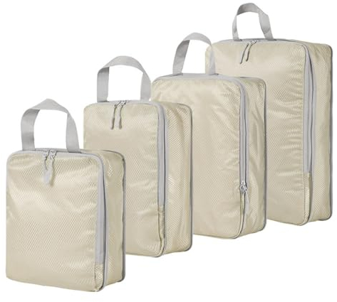 4-teiliges Kompressions-Verpackungswürfel-Set für Koffer, erweiterbare Reisegepäck-Aufbewahrungstaschen, Reisezubehör, Organizer (Beige)