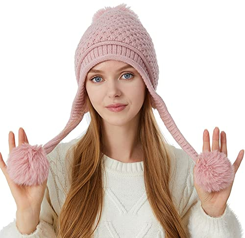 FNKDOR 2023 Beanie Mütze Damen Winter Strickmütze mit Ohrenklappen und Bommel (Pink, M)