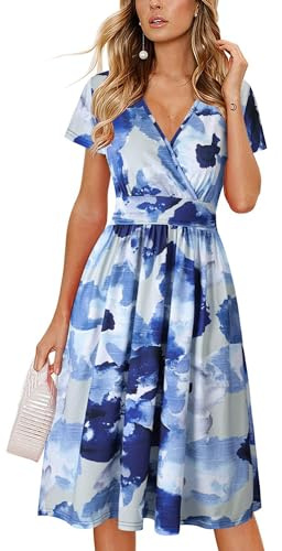 CLOUSPO Damen Sommerkleider Kurzarm Elegant V-Ausschnitt Boho Strandkleider Knielang Rüsche Retro Casual A-line Freizeit Kleider mit Taschen(hellblau, XL)