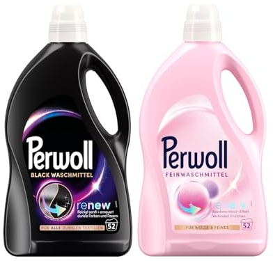PERWOLL Flüssig-Set 2x 52 Waschladungen (104WL) 1x Black & 1x Für Wolle & Feines, Feinwaschmittel erneuert Farben und Fasern & Feinwaschmittel glättet und verhindert Knötchen