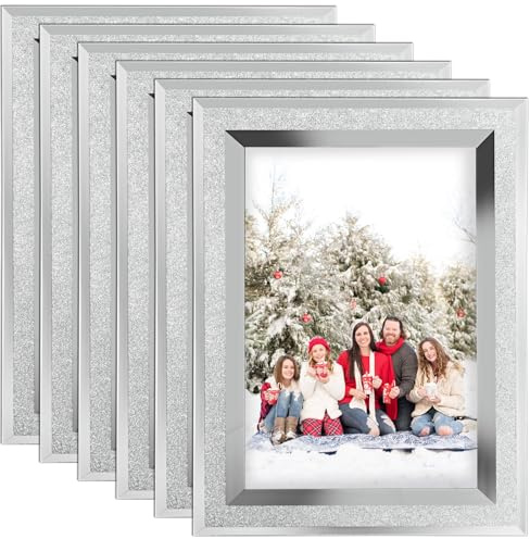 JMIATRY 6x4 Picture Frames Set of 6, Silver Sparkle Glass Photo Frames, Glass Photo Frame for Tabletop Display and Home Decoration
