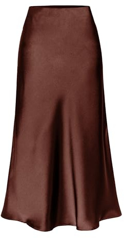 Mesduri Women Midi Skirt Elegant Satin Skirt Solid Color Summer Elastic High Waisted Skirt with Slit Hem (UK, Alpha, L, Regular, Regular, Chocolate)