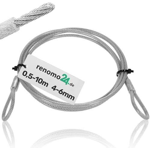 Renomo24 PVC Drahtseil mit Ösen 4mm - 6mm Stahlseil verzinkt und ummantelt, Sicherungsseil, Schlaufenkabel (5m, 4mm)