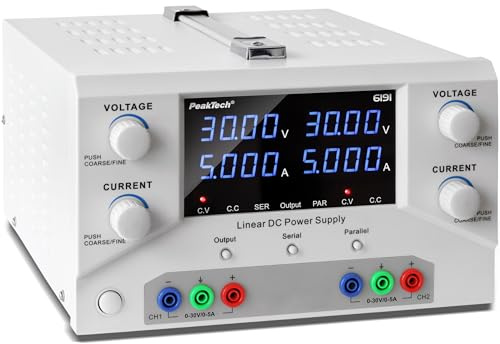 PeakTech, 6191, Fuente de alimentación de laboratorio 2 x 0, 30 V / 0, 5 A DC Fuente de alimentación lineal SELV con transformador de aislamiento, fuente de alimentación de laboratorio