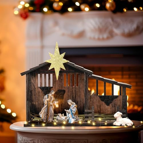 Cinnvoice 14 x 11 Christmas Wooden Nativity Stable with Fence and Roof Star Nativity Manger Nativity Scene Set 2 Simulated Withered Grass with Light String Nativity Stable Creche (Without Figurines)