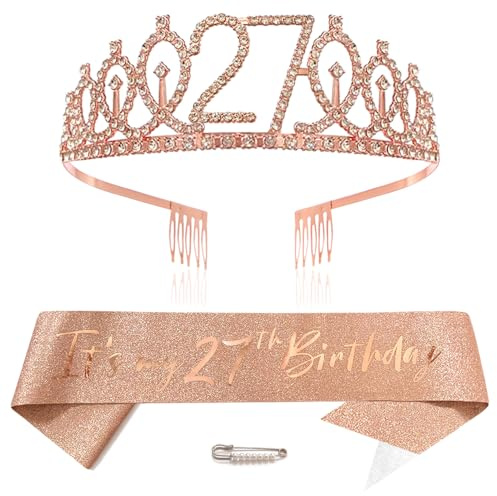 Or rose 27e anniversaire couronne et écharpe fille 27e anniversaire décoration strass anniversaire diadème princesse couronne reine tiare d'anniversaire filles 27 ans décoration fête vêtements