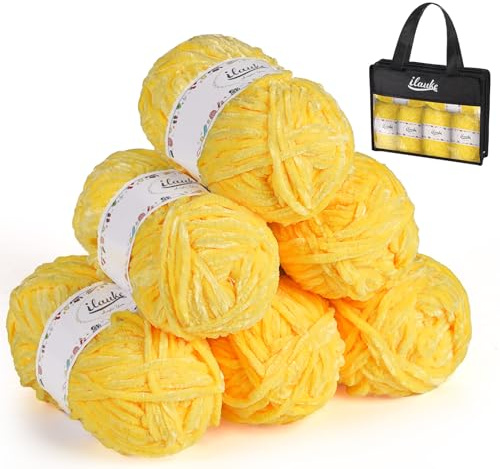 ilauke 6 x 50 g (6 x 70 m) Chenille Garn, Chenille Wolle zum Häkeln und Häkeln mit Nadeln mit Häkelzubehör und Handtasche, Weiches Garn für Kleidung, Decken, Taschen, Pullover, DIY, Gelb