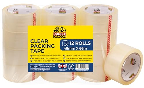 Double Dragon Clear Packaging Tape – Heavy-Duty, 48mm wide x 66m long (12 Rolls) | Strong Adhesive Cellotape Sellotape for Boxes, Parcels, Moving & Long-Term Storage | Transparent Sealing Tape