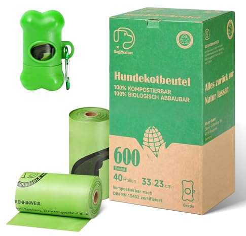 Hundekotbeutel Biologisch Abbaubar, Kotbeutel mit Kotbeutelspender, Auslaufsichere Kotbeutel für Hunde, Maisstärke, 600 Stück 40 Rollen