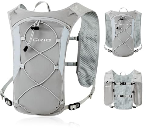 GRIO Laufweste Damen Herren mit 1,5L Trinkblase, Ultraleicht Verstellbar Reflektierend, Running Vest Trinkweste Laufen mit Handyfach, Laufrucksack Trinkrucksack für Wandern (Grau, Einheitsgröße)