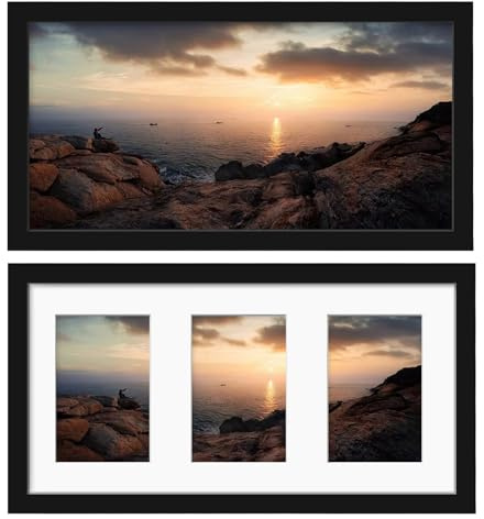 KINLINK 8x16 Panoramic Collage Picture Frame, Black Solid Wood Frame with HD Plexiglass for Multiple Three 4x6 Photos with Mat or 8x16 without Mat, Tabletop and Wall Mounting Display, Set of 2