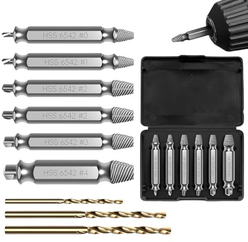 GIONAR 9Pcs Screw Extractor Set, 6 Screw Remover and 3 Twist Drill Bit, HSS 6542 Material, for Broken Head/Slipped Thread Screws(with Storage Box)