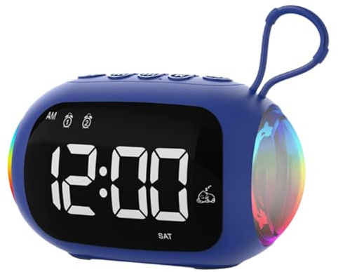 Agwuoetr Réveil Radio FM Portable avec Enceintes Bluetooth, Radio FM, Lumière Nocturne Colorée et Caisson de Basses. Écran Dimmable avec Double Alarme, Lecteur de Musique. Bleu.