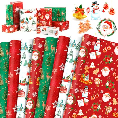 HOWAF 8 Hojas Papel Regalo Navidad Rojo Verde, Papel de Regalo Navidad Copos de Nieve, Papa Noel, Reno Embrulho Natal para Decoración Navideña, Cumpleaños, Año Nuevo