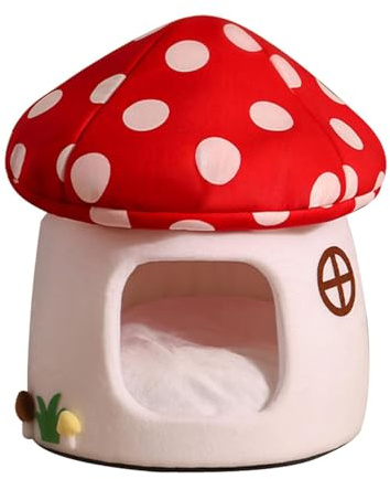 Pilz Katzenbett,Katzenhöhle mit Abnehmbares Kissen, Weich und warm Katzen Bett, Kuschelhöhle, Kuschelbett & große Kuschelhöhle, Katzen Schlafplatz für kleine Hunde (Rot)