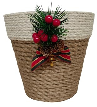 Genérico Macetero decoración Navidad. Maceta navideña Yute Natural. Adorno Decorativo. Flor de Pascua, Ponsètia. Nadal. Redondo. Interior y Exterior. para tiestos. Muérdago, Hoja de Abeto y piñas.
