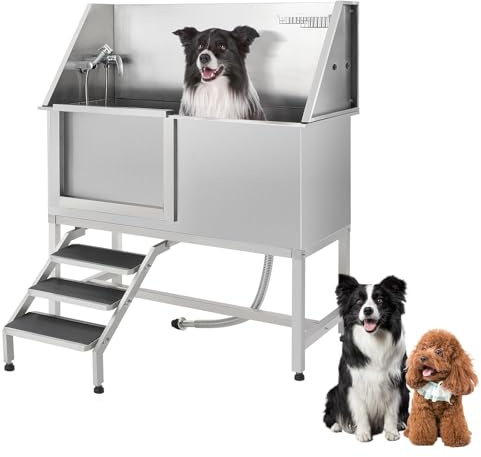 ActiveTrail Professional Dog Washing Station,62 Stainless Steel Pet Grooming Tub w/Sliding Door, Non-Slip Steps,Faucet & Showerhead & Soap Holder Bathtub,for Medium & Small Dogs, Supports 250Lbs