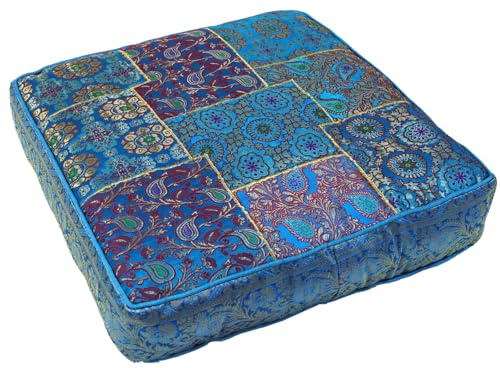 GURU SHOP Orientalisches Patchwork Kissen 50 cm, Bodenkissen, blau | Eckiges Sitzkissen, 100% Viskose, Reißverschluss, einzigartiges Design, gemütlich und praktisch für jeden Raum.
