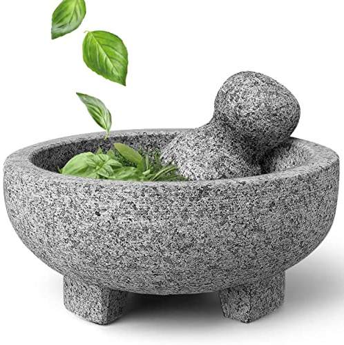 Alpine Cuisine 8 Inch Granite Mortar and Pestle Set, Heavy-Duty Unpolished Stone Molcajete Grinder Bowl, Guacamole, Salsa, Spices, Herbs (4 Cup, Gray)