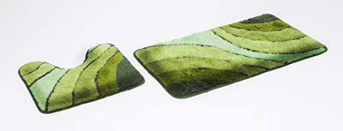 Goodway 2-teiliges Badematten Set Wave, grün mit Ausschnitt │ Größe: 50x90cm, 50x45cm │ Rutschhemmend, waschmaschinenfest, geeignet für Fußbodenheizung
