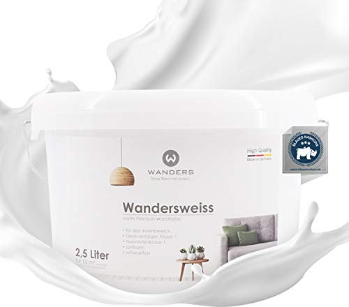 Wanders24 Wandersweiss (2,5 Liter, Weiß) Wandfarbe weiß hohe Deckkraft - Wandfarbe weiss - DIN13300 - Deckv. 1 - Nassab. 1 - Made in Germany