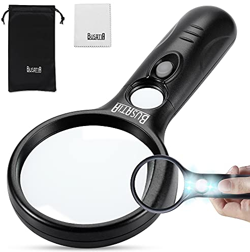 Lupe mit Licht, BUSATIA LED Beleuchtete Lupe mit 3X 45X Hohe Vergrößerung, Leichte Handlupe für Lesen, Inspektion, Schmuck, Hobby & Handwerk