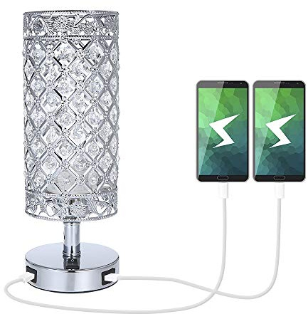 Tomshine Kristall-Nachttischlampe mit Dual-USB, modernes silberfarbenes Licht, E27, Glitzer-Lampenschirm mit 2 USB-Anschlüssen, Schlafzimmer-Nachttisch-Licht für Schlafzimmer, Wohnzimmer