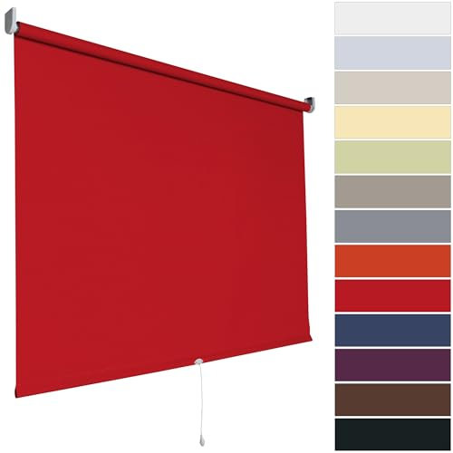 Verdunkelungsrollo Springrollo Mittelzugrollo Rollo | 13 Farben | Breite 62 bis 202 cm Höhe 180 cm | Stoff lichtundurchlässig | Wand- und Deckenmontage (Größe 82 x 180 cm, Farbe Dunkelrot, Rot)