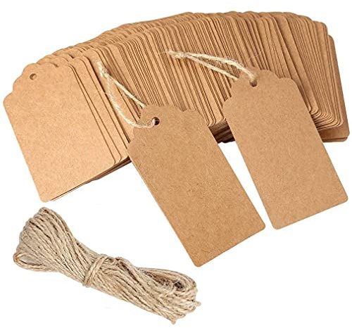 Kraft Paper Tags Brown Card 100 PCS Gift Tags for Presents Christmas Decorations 9 x 4.5 cm Brown Tag Crafts Paper with 10M Jute Twine String DIY Hang Labels