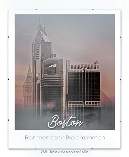 BIRAPA Boston Rahmenloser Bildträger rahmenlos - Rahmen mit Kunstglas, rahmenloser Glasbilderrahmen Look, Posterrahmen mit Klammern ohne Rahmen, Bilderhalter, Wechselrahmen, Cliprahmen