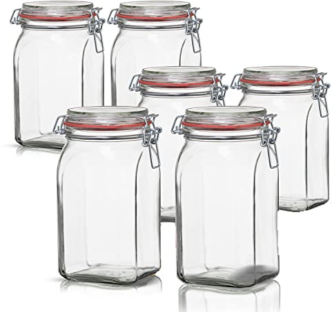 BigDean 6 Vorratsgläser 1,1L Einmachgläser mit Deckel & Bügelverschluss | Drahtbügelgläser zum luftdichten Aufbewahren, Einlegen & Einkochen - Glas, eckig - Made in Germany