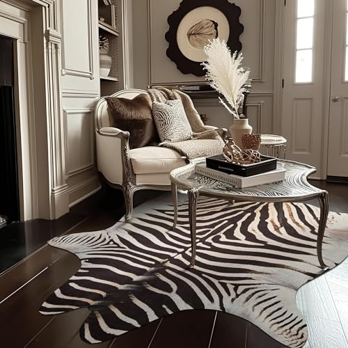 jinchan Zebra Print Area Rug Faux Cowhide Rug Animal Skin Western Design Mat Faux Suede Indoor Floor Cover for Bedroom Living Room 6x7 Safari