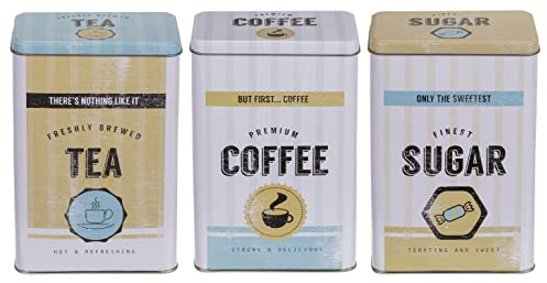 MIK funshopping Set retro de lata de metal, para café, té y azúcar, lata de café, té, azucarero con tapa (3 piezas, diseño vintage, color blanco-beige-azul claro)