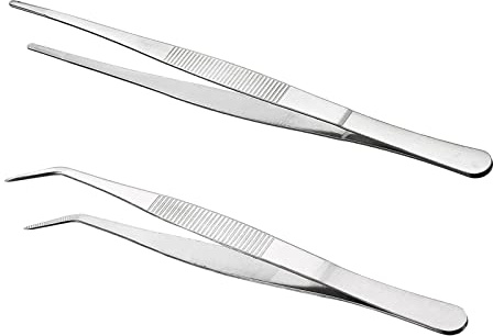 Gebogene Pinzette, stumpfe Pinzette, 25 cm, Edelstahl, professionell, rutschfest, lang, gerade Pinzette, 2 Stück, abgewinkelte Pinzetten für Wasserhaustiere, Korallen, Basteln, Kochen, Reparatur