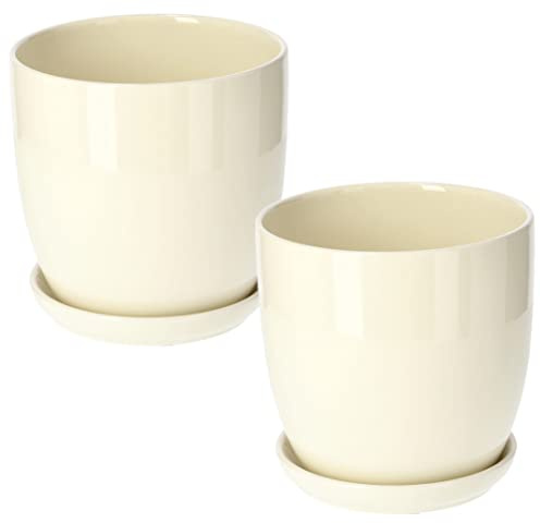 KOTARBAU® 2er Set Keramik Blumentopf Übertopf für Blumen Pflanzen ⌀ 17 cm mit Tropfschale Beige