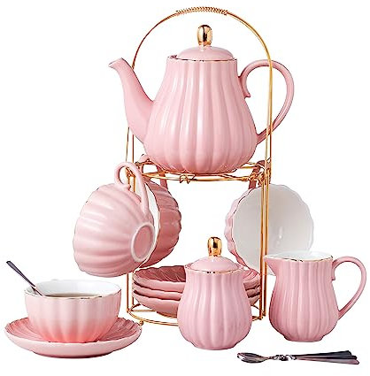 CLAY TONIC - Juego de tazas de café de porcelana fina de 8 onzas, tazas y platillo, con tetera, azucarero, jarra de crema, cucharaditas y colador de té para té/café, 17 piezas, servicio para 4 (rosa)