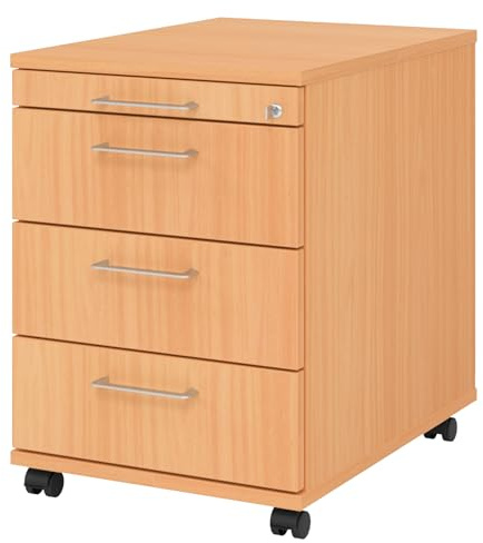 bümö Rollcontainer mit Schubladen, Container abschließbar aus Holz in Buche - Rollwagen für's Büro als Schreibtisch Unterschrank, Bürocontainer od. Schreibtischcontainer mit Bügelgriffe