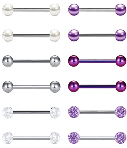 VF VFUN 12stk 14G Zungenpiercing Nippelpiercing 14mm 16mm Edelstahl Zunge Piercing Nippelringe Bälle Barbell Piercing Körperschmuck