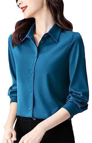 Vogrtcc Damen-Blusen Weich Faltenfrei Satin Vintage-Stil Einfarbig Langärmelig Hemden Mit Knöpfen Lässig Locker Büro-Oberteile