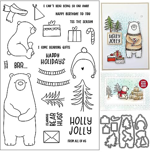 Briartw Stamps and Dies for Card Making,Bear Clear Stamps and Cutting Dies Set,Christmas Stamp for DIY Scrapbooking,Create Greetings Card,Invitations,Decoration Gift,4x6 Clear Stamp