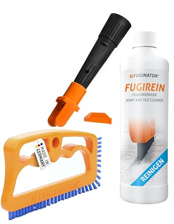FUGINATOR® Trio mit Fugenbürste in orange/blau, EU-Adapter & Fugenreingier 250 ml – Fugenreinigung im Stehen für Fliesen, WC, Bad etc. Geeignet für Silikon Fugen. Bürste mit harten Borsten